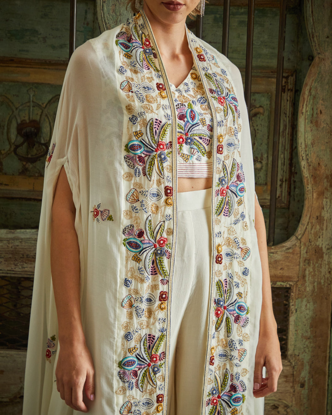 Designer White Color Hand Embroidered Plazzo With Jacket Set