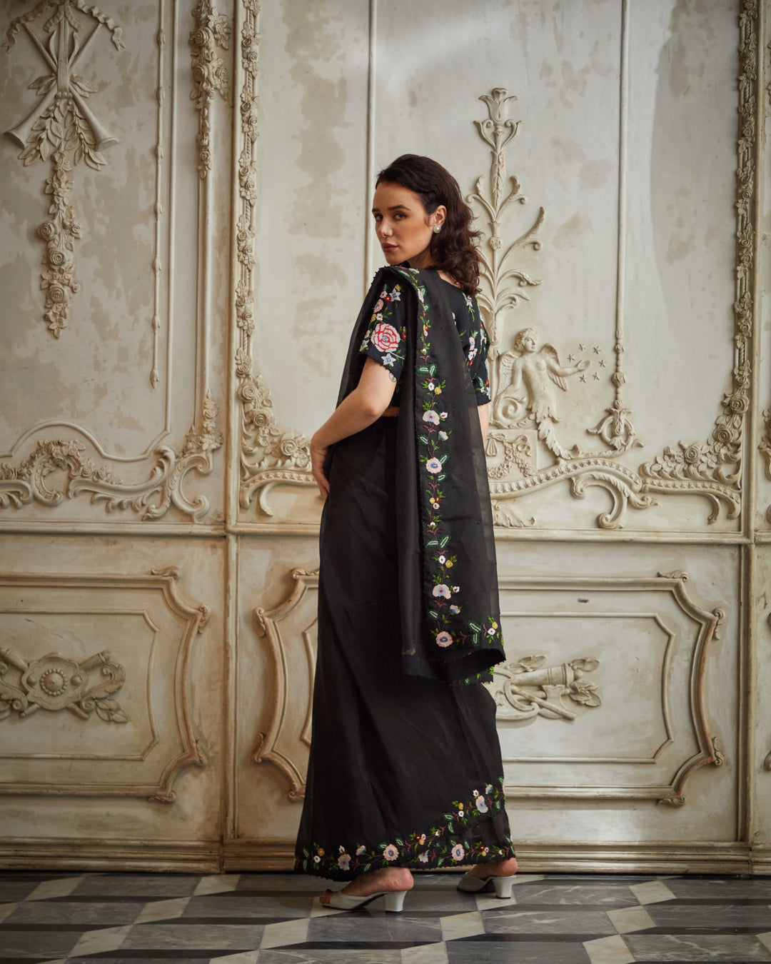 Designer black color Hand Embroidered saree blouse set
