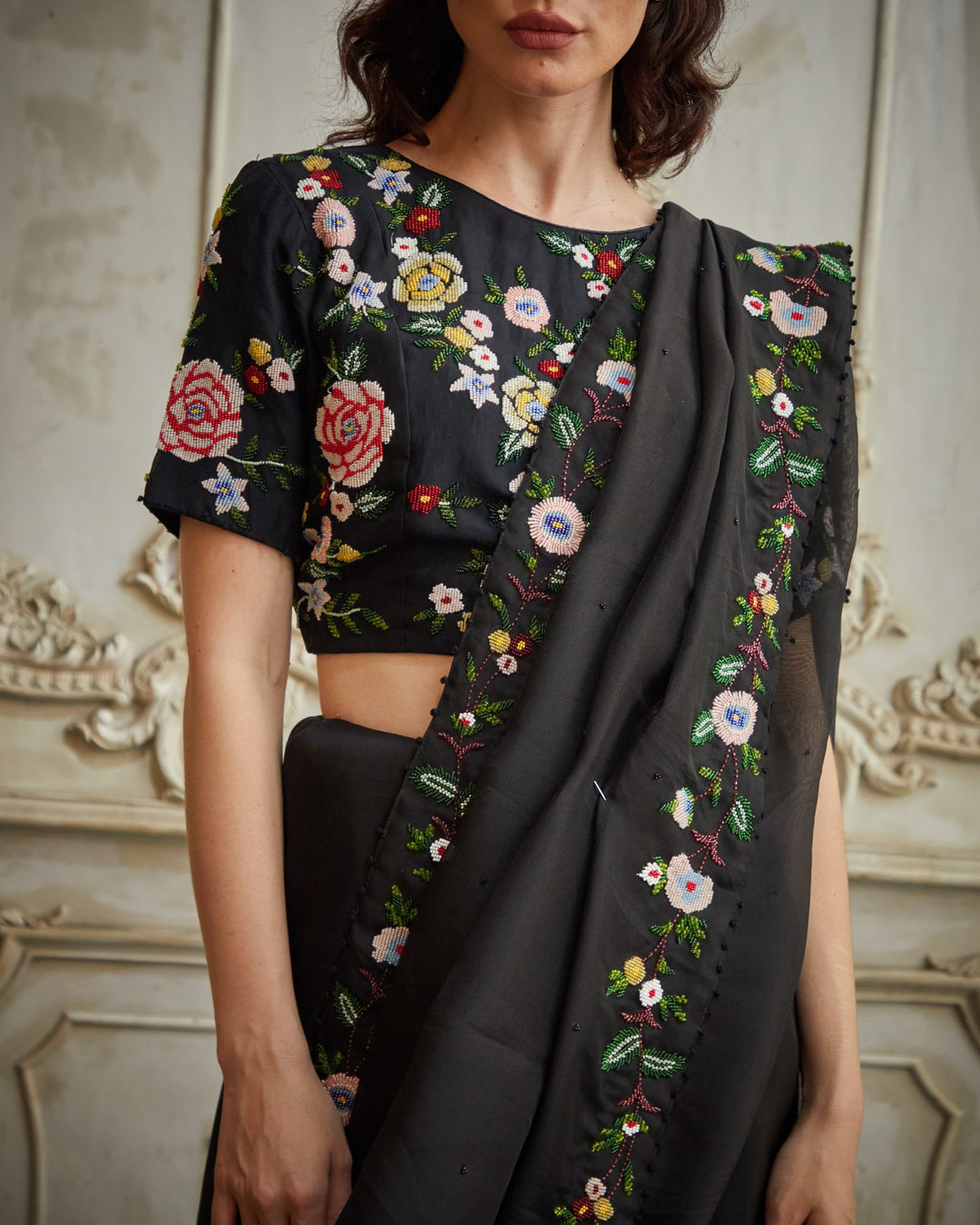 Designer black color Hand Embroidered saree blouse set