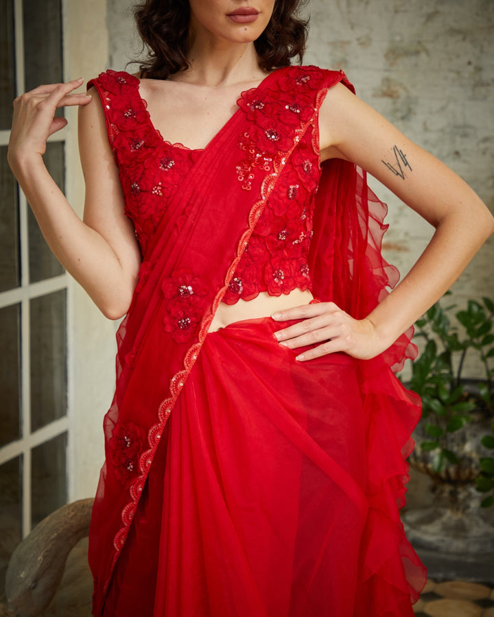 Designer Red color Hand Embroidered saree blouse set