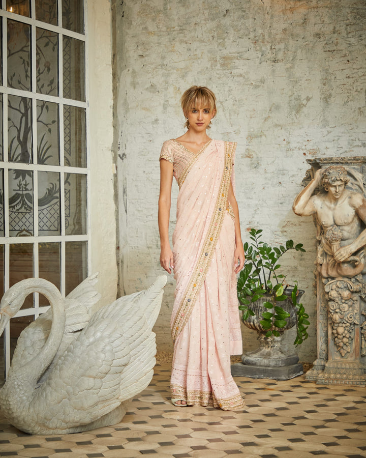 Designer Baby Pink color Hand Embroidered saree