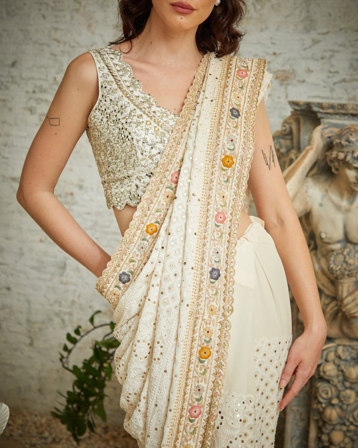 Designer white color Hand Embroidered saree