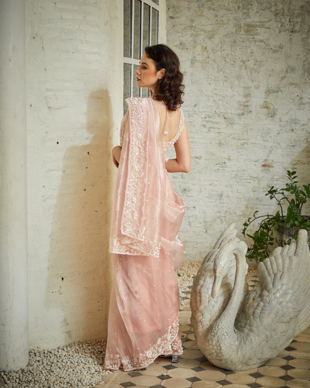 Designer Light Pink Color Hand Embroidered saree blouse set