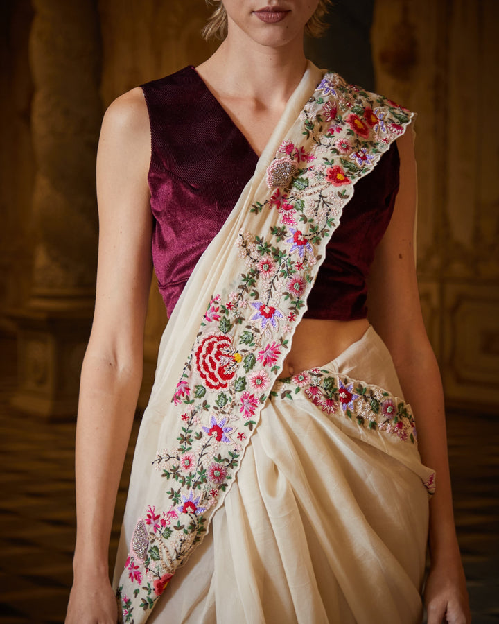 Designer Cream color Hand Embroidered saree