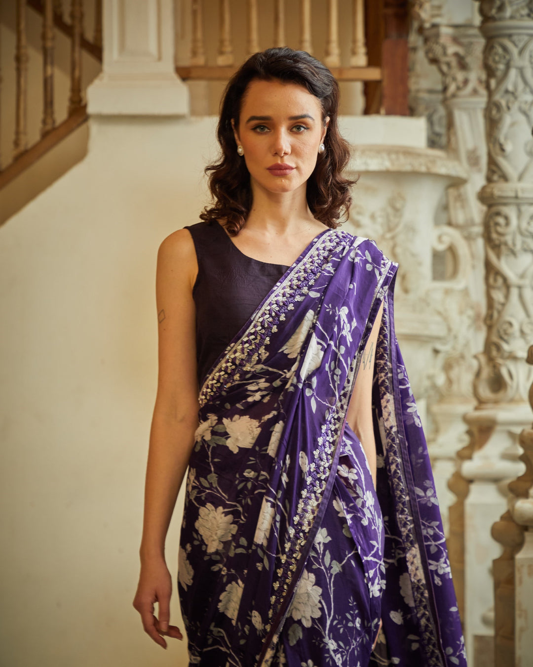 Designer purple color Hand Embroidered saree