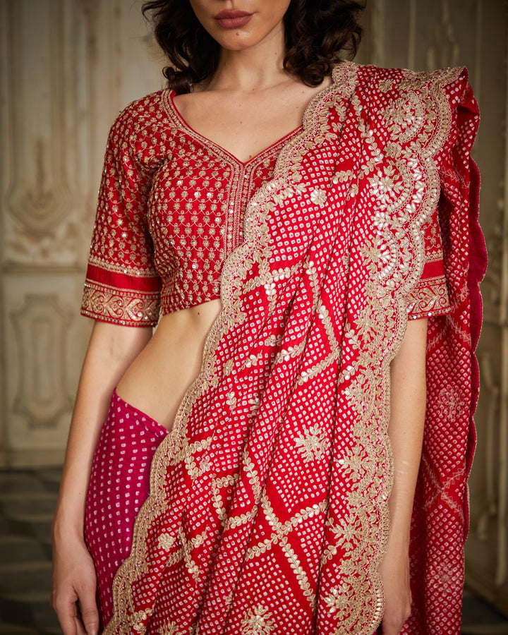 Designer Red and Pink color Hand Embroidered Saree