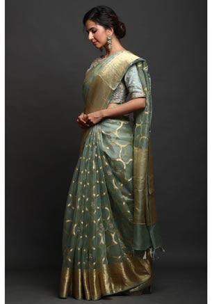 Festive/ Party/ Sangeet/ Wedding Brocade Work Saree In Green Color
