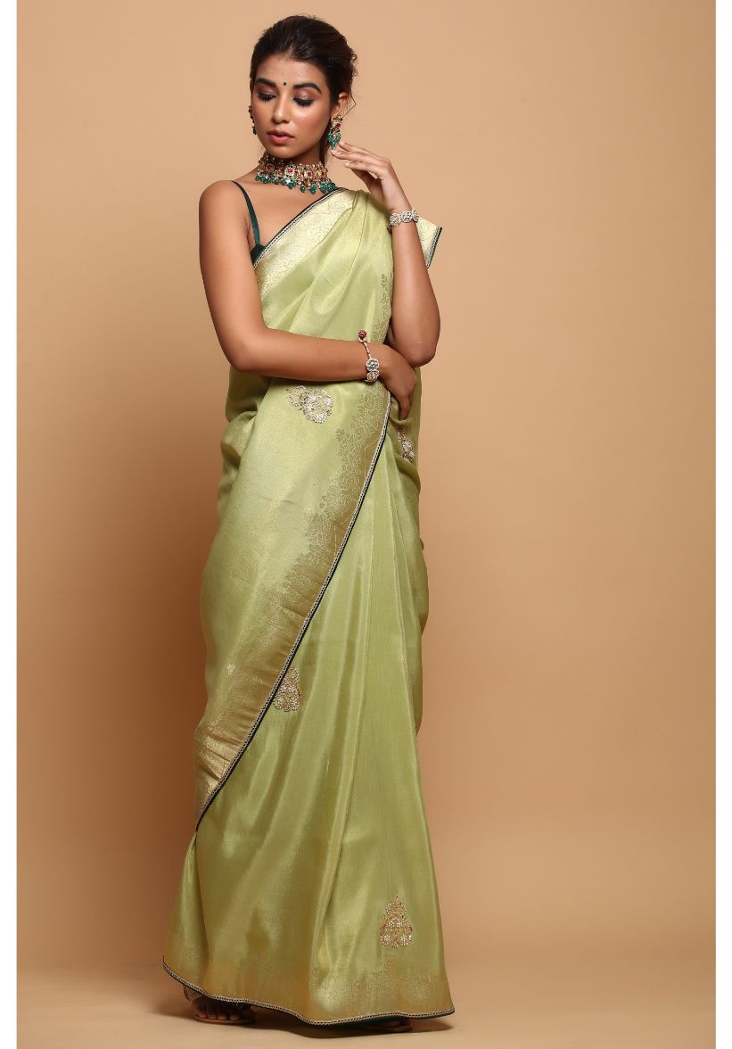 Festive/ Party/ Sangeet/ Wedding Embroidery Work Saree In Green/ Yellow/ Pink Color