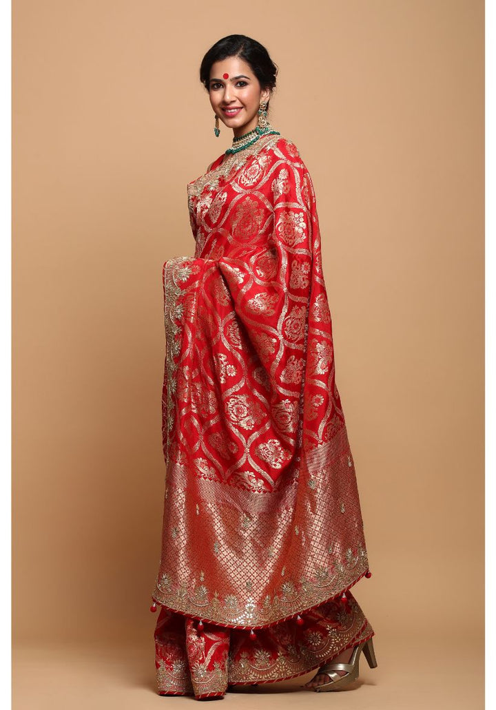 Festive/ Party/ Sangeet/ Wedding Brocade Work Saree In Red/ Green/ Brown/ Blue/ Pink/ Yellow Color