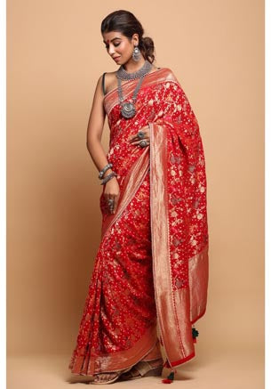 Festive/ Party/ Sangeet/ Wedding Brocade Work Saree In Red Color