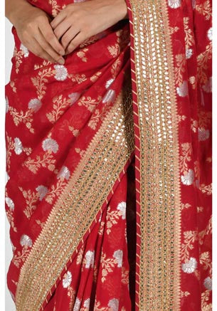 Festive/ Party/ Sangeet/ Wedding Brocade Work Saree In Red/ Maroon/ Green/ Yellow Color