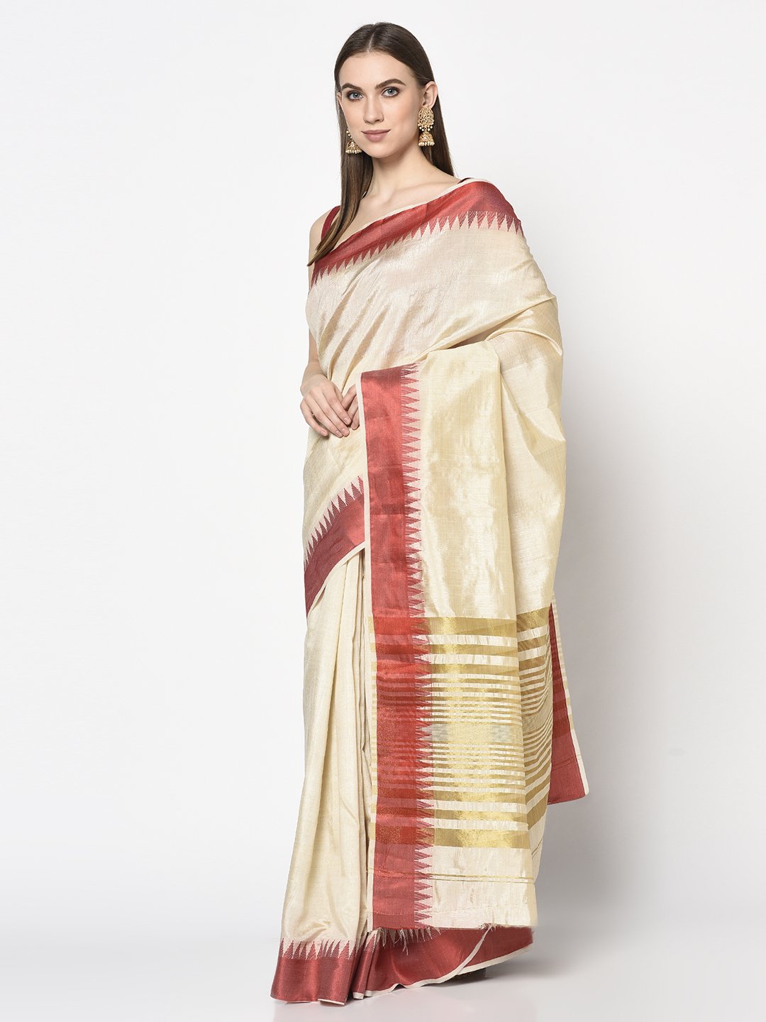 Handloom Saree In Cream & Red Color