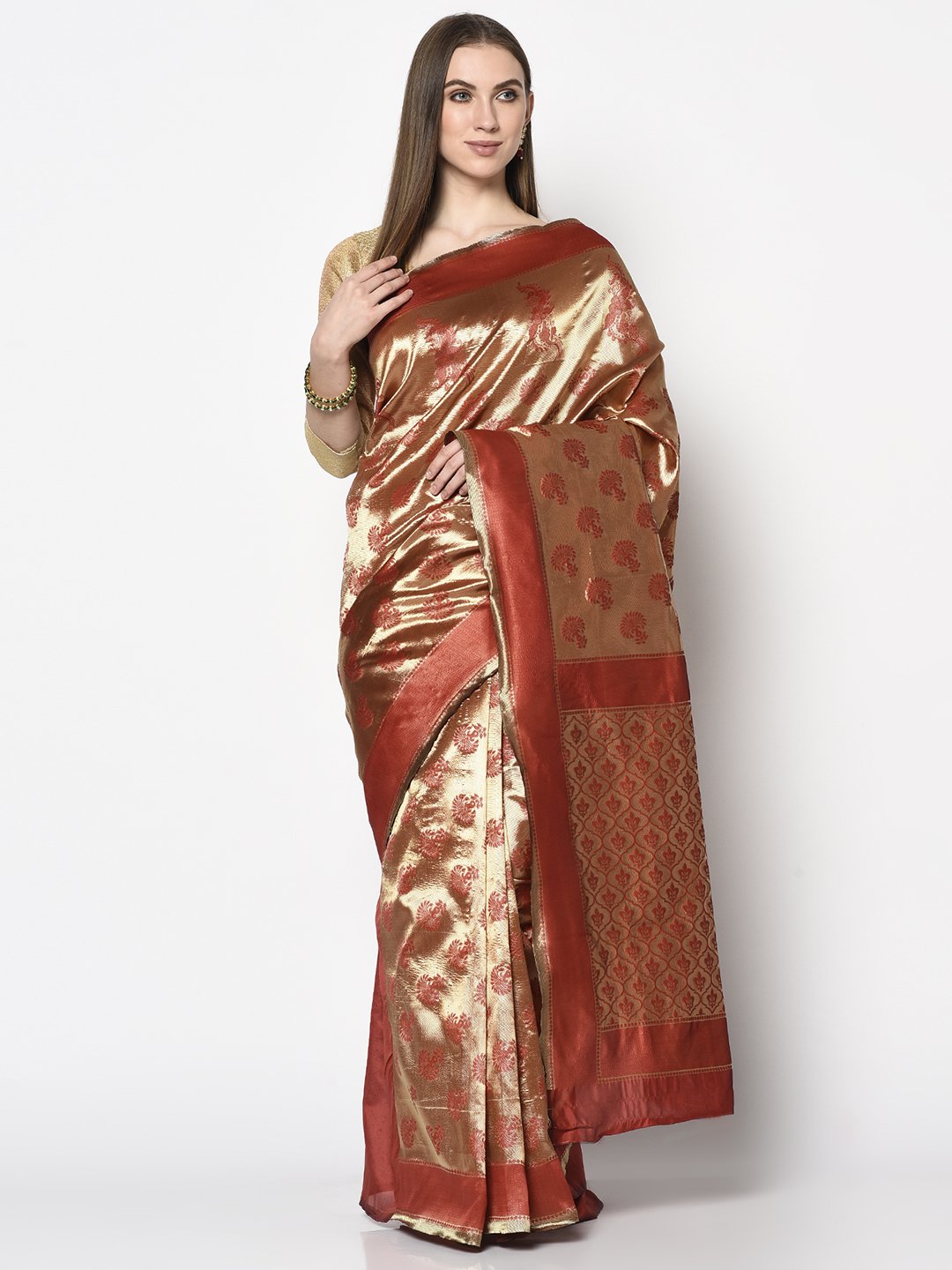 Shop Handloom Saree In Golden&Red Colour which is Saree online at simaaya At