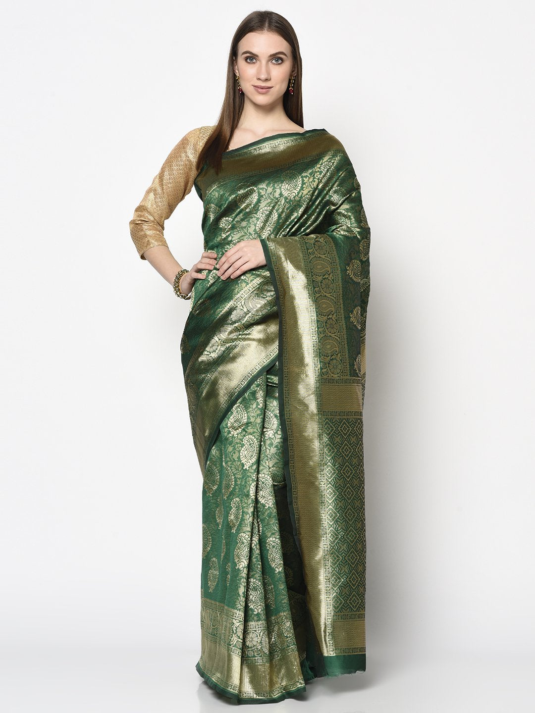 Shop Handloom Saree In Dark Green Colour which is Saree online at simaaya At