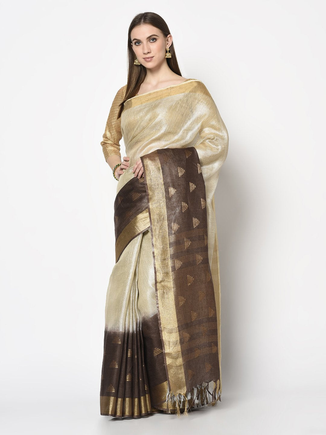 Handloom Saree In Cream&Brown Color