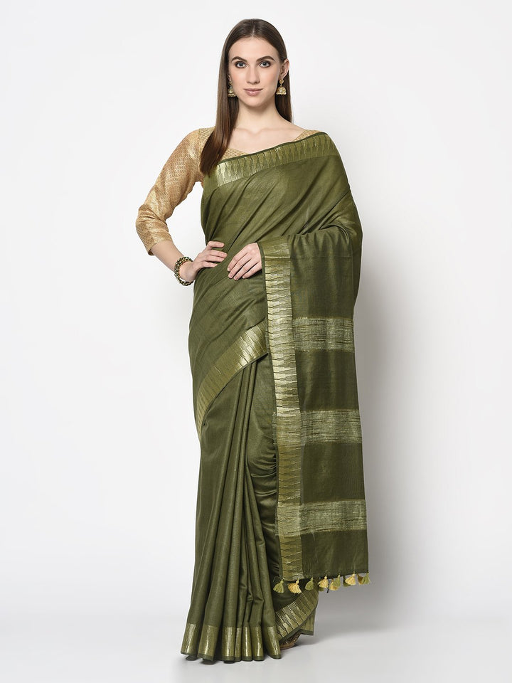 Handloom Saree In Olive Green Color