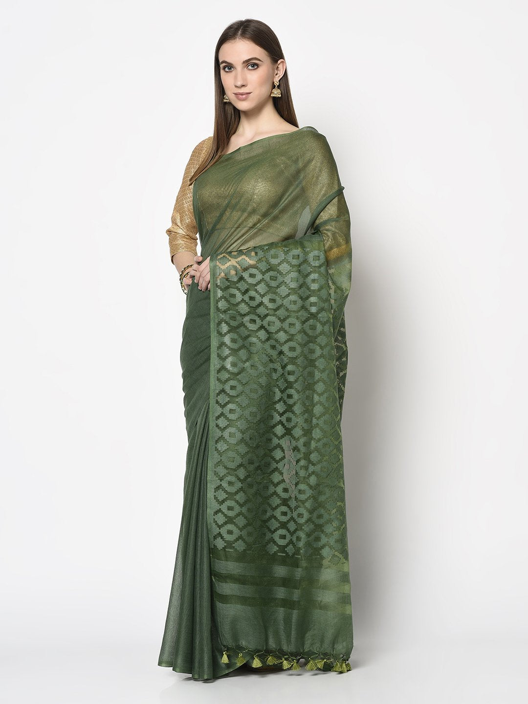 Fancy Saree In Bottle Green Color
