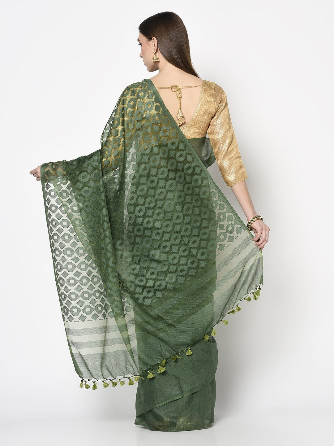 Fancy Saree In Bottle Green Color