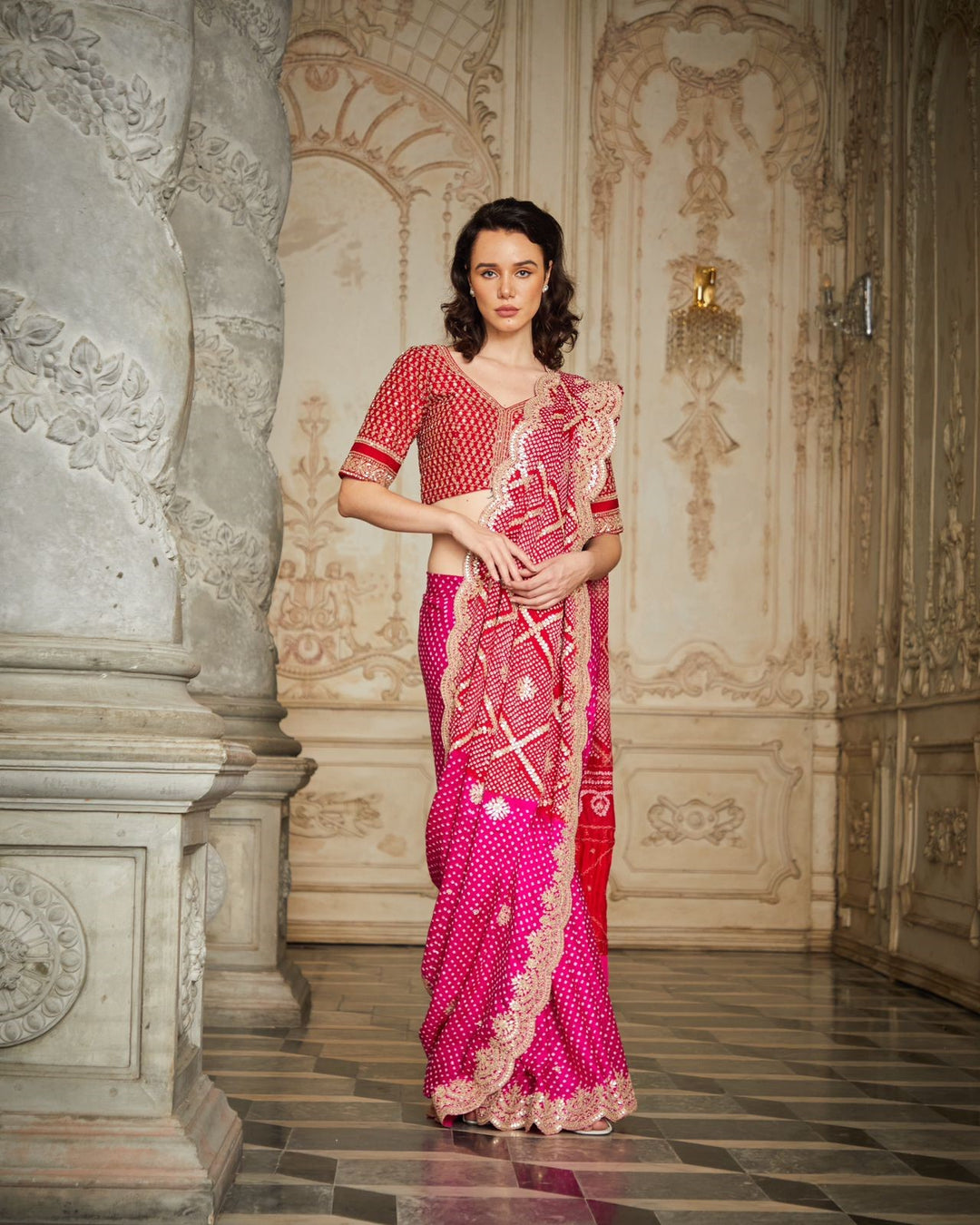 Designer Red and Pink color Hand Embroidered Saree