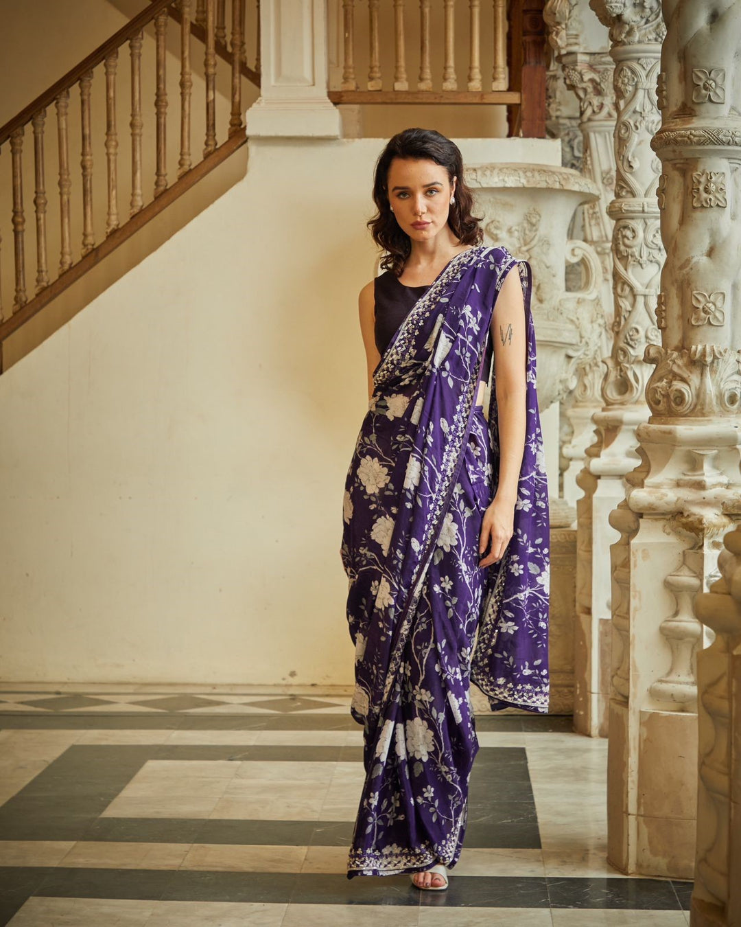 Designer purple color Hand Embroidered saree