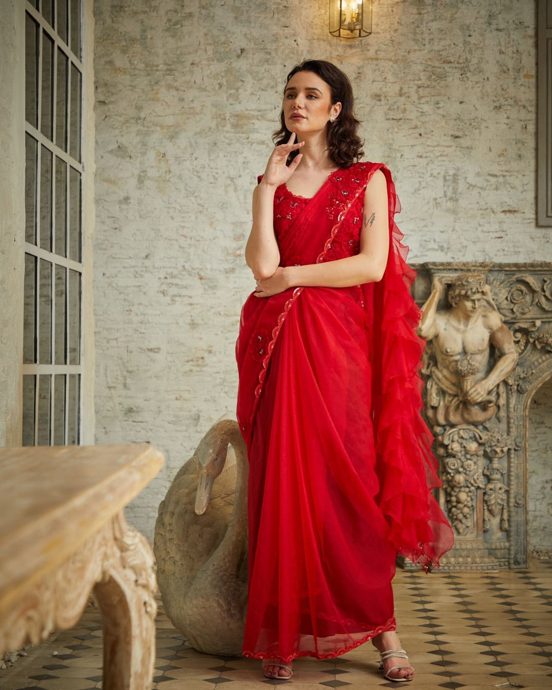 Designer Red color Hand Embroidered saree blouse set