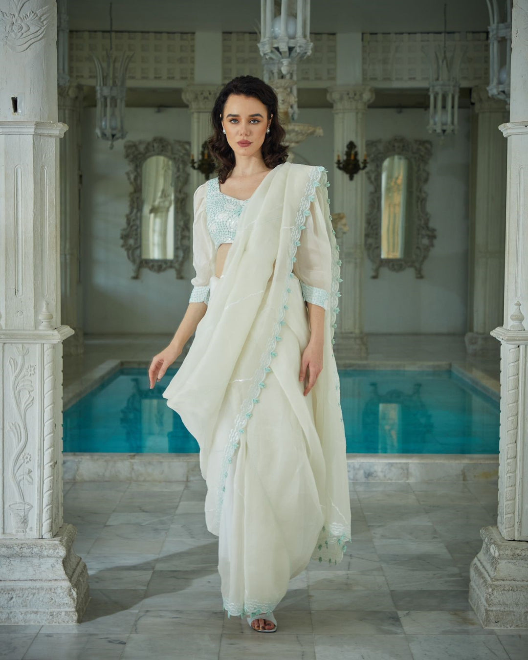 Designer greish white color Hand Embroidered saree blouse set
