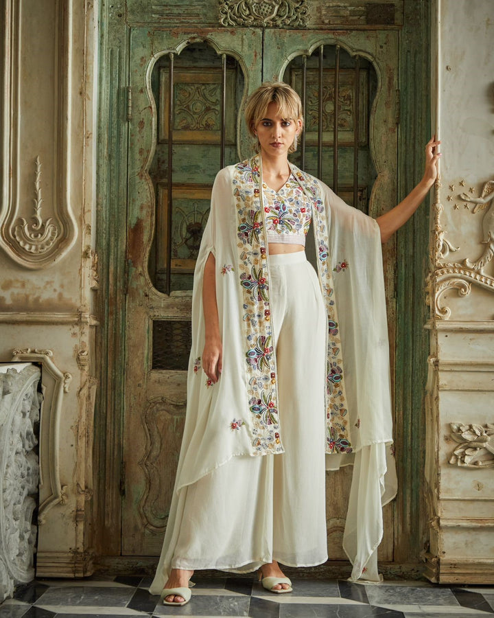 Designer White Color Hand Embroidered Plazzo With Jacket Set