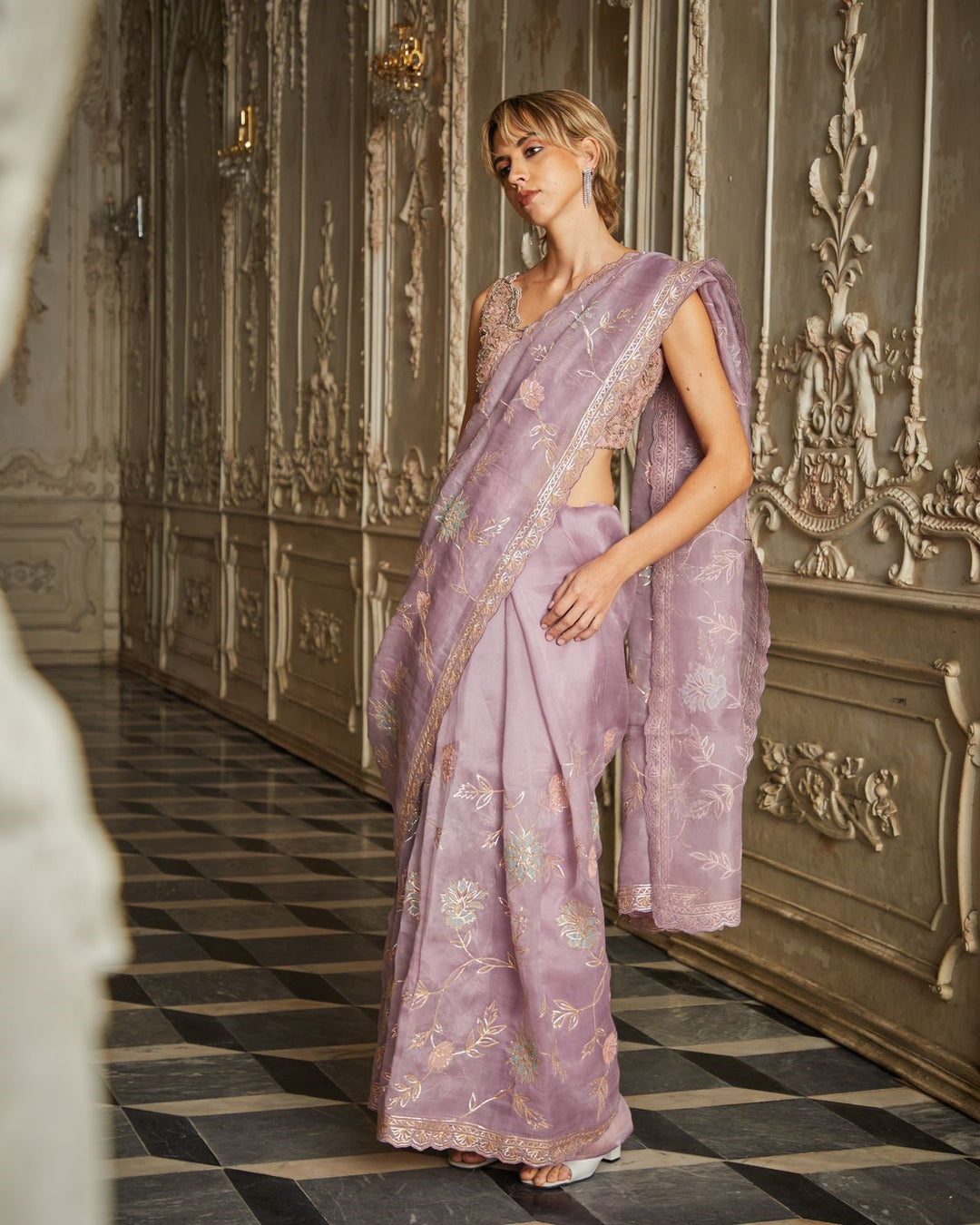 Designer Light purple color Hand Embroidered saree
